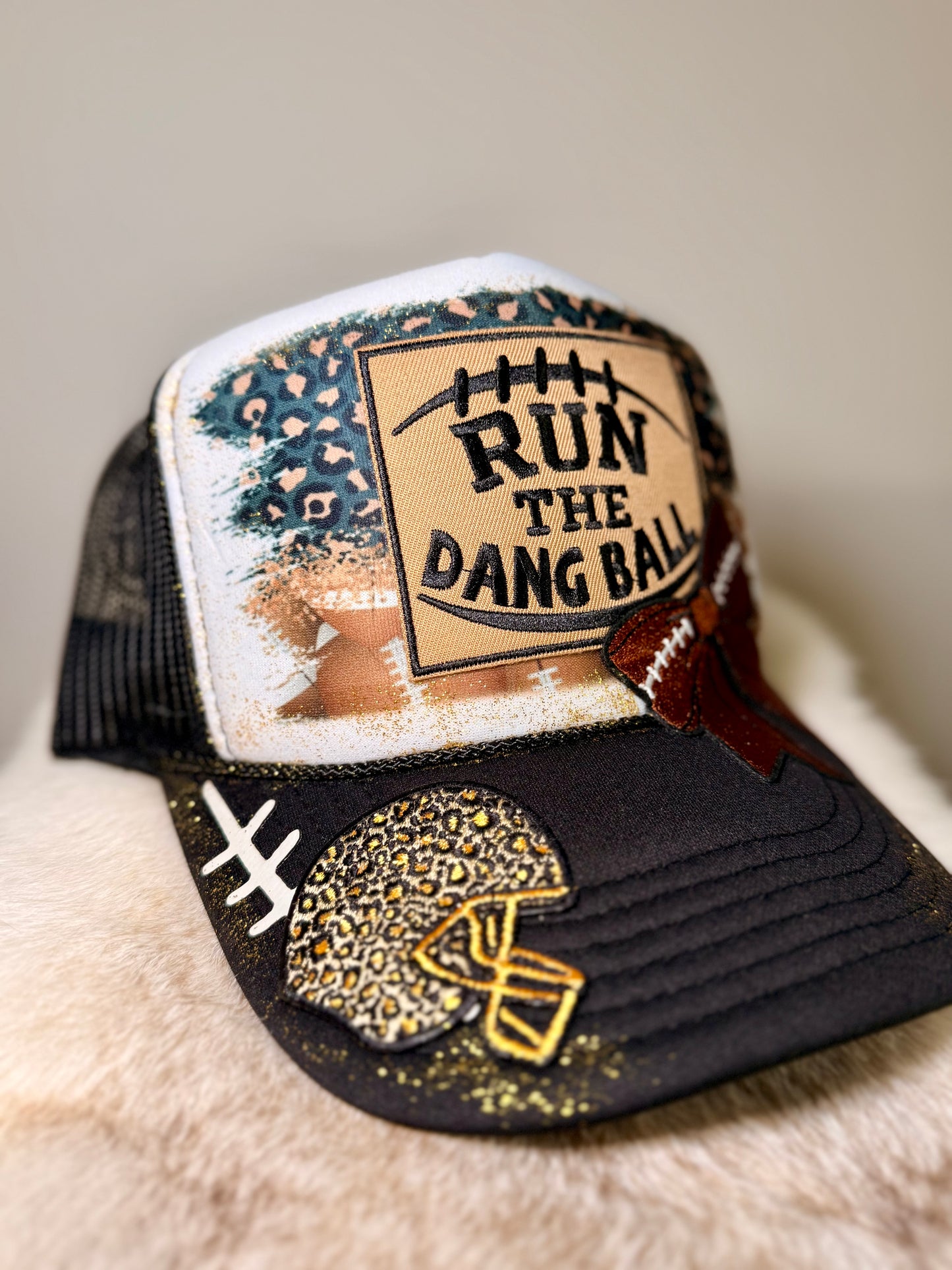 Run the Dang Ball Trucker Hat | Football Game Day Hat | Black & Gold Football Fan Hat | Handmade Tailgate Cap