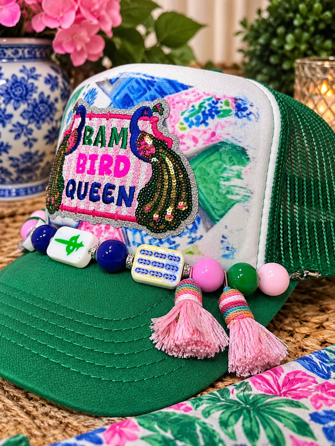 Bam Bird Queen Mahjong Trucker Hat | Preppy Peacock Hat