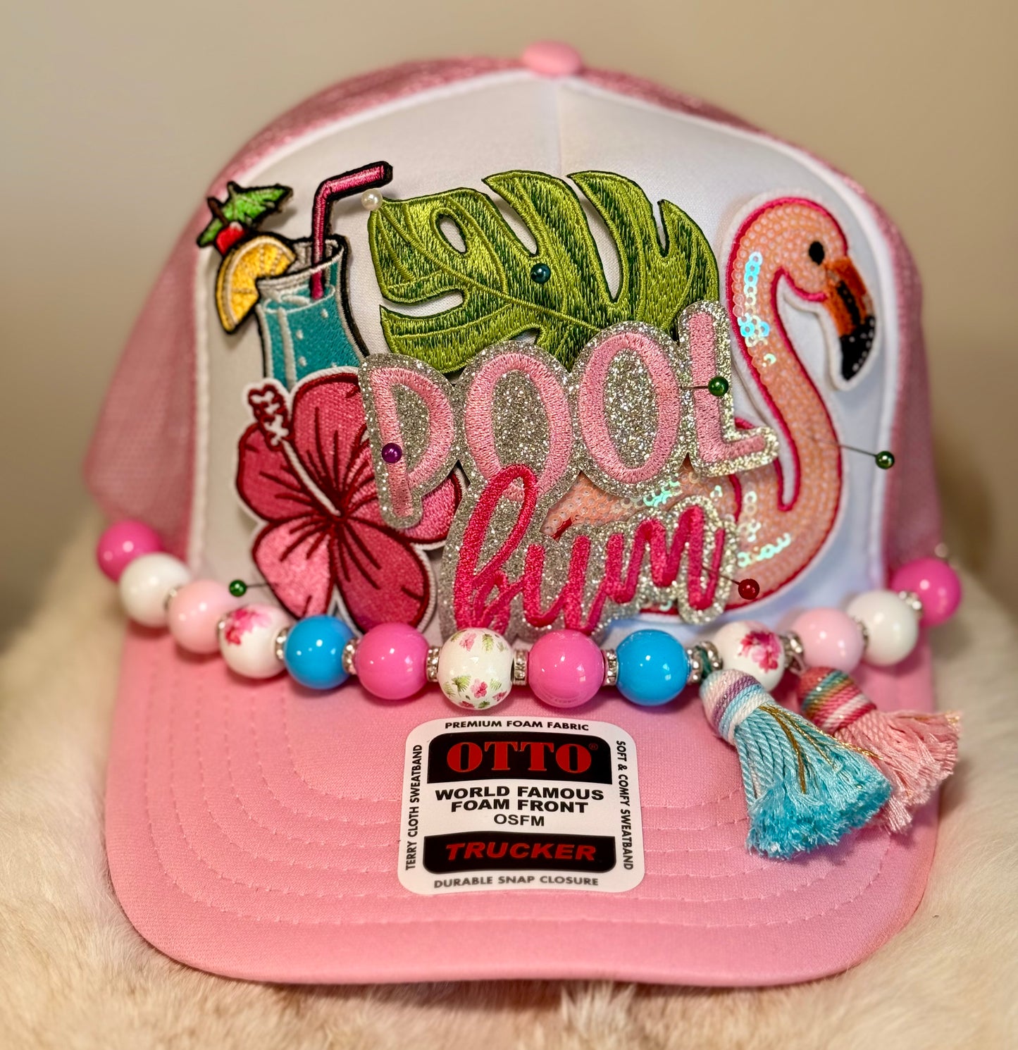 Pool Bum Flamingo Trucker Hat | Pink Tropical Beach Hat | Summer Glam Foam Trucker Cap