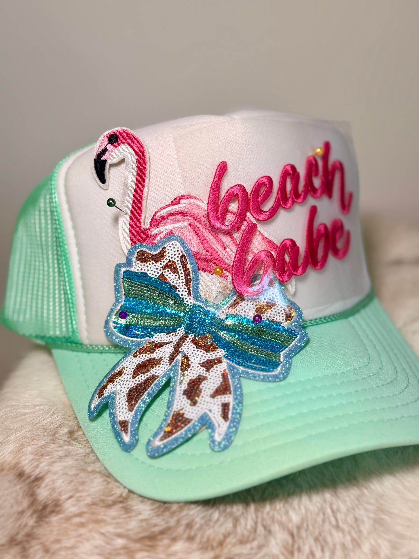 Beach Babe Trucker Hat | Tropical Flamingo Beach Hat | Mint Coastal Boutique Hat