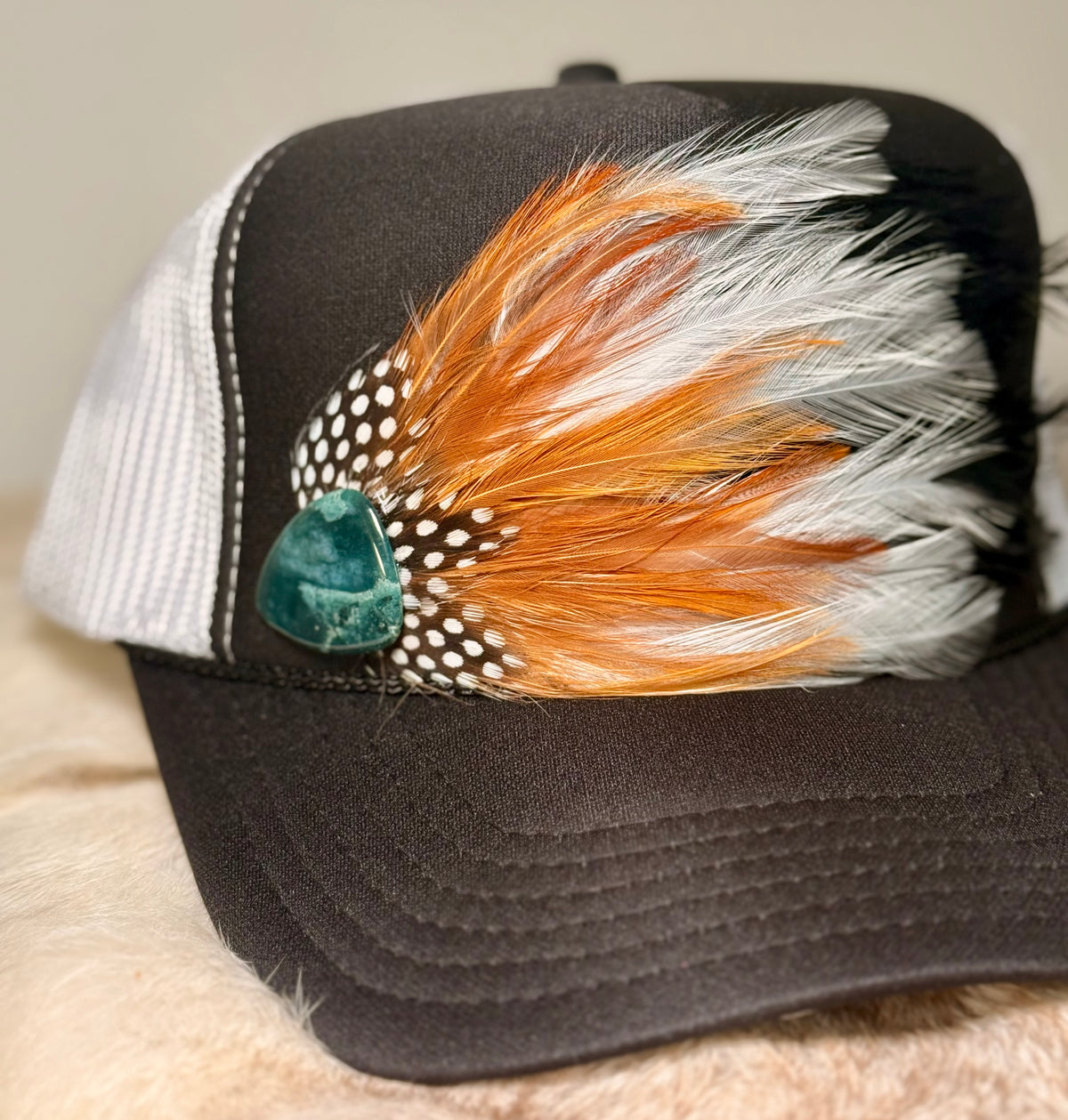 Feather Trucker Hat with Guitar Pick | Country Music Trucker Hat | Western Boho Hat | Concert Trucker Hat