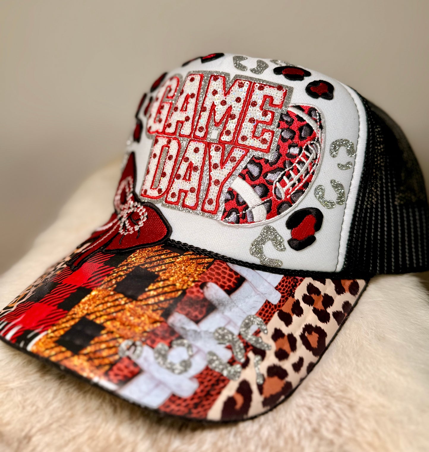 Football Game Day Trucker Hat | Red & Black Bling Football Hat | Handmade Tailgate Hat | Game Day Fan Cap