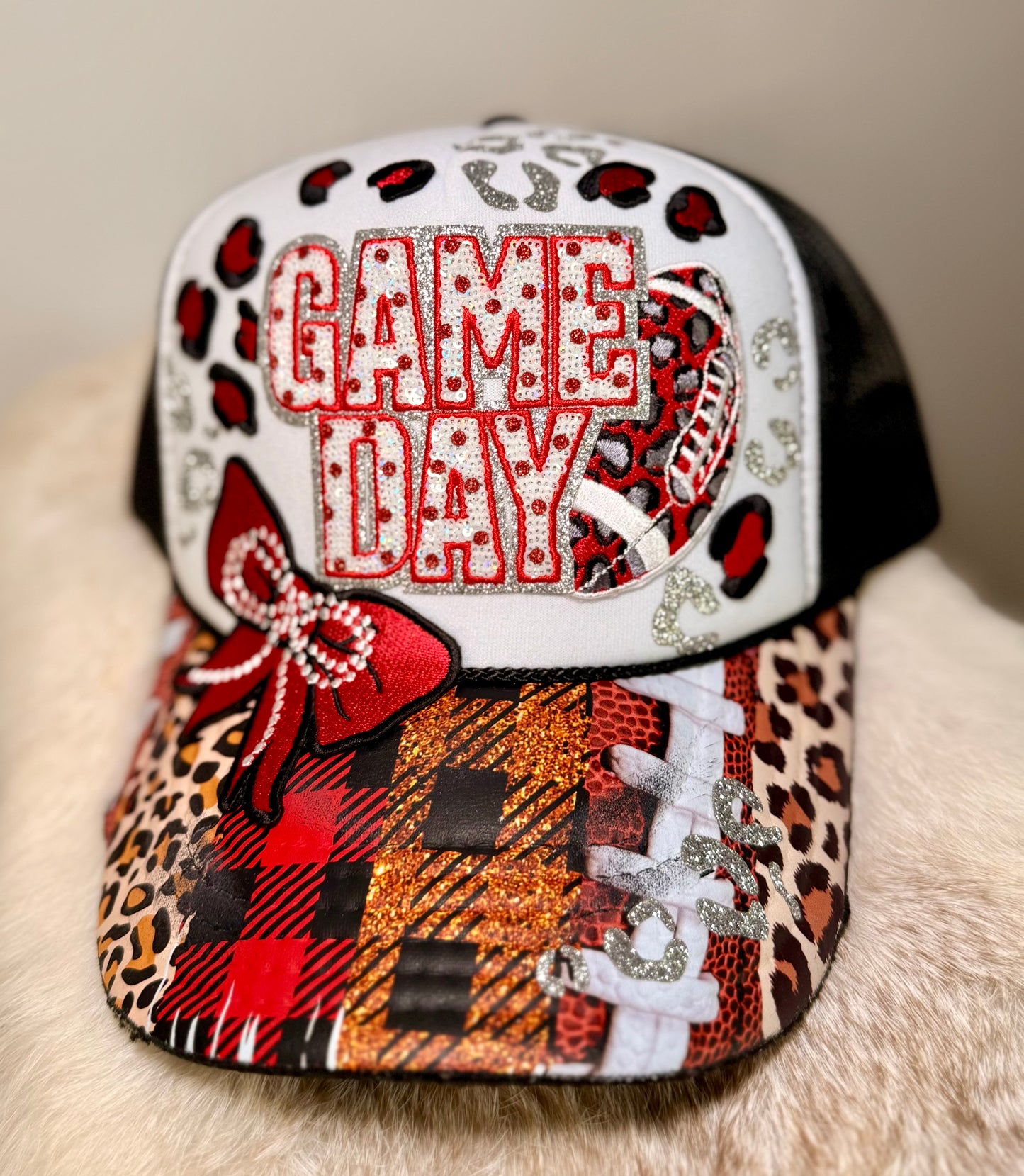 Football Game Day Trucker Hat | Red & Black Bling Football Hat | Handmade Tailgate Hat | Game Day Fan Cap