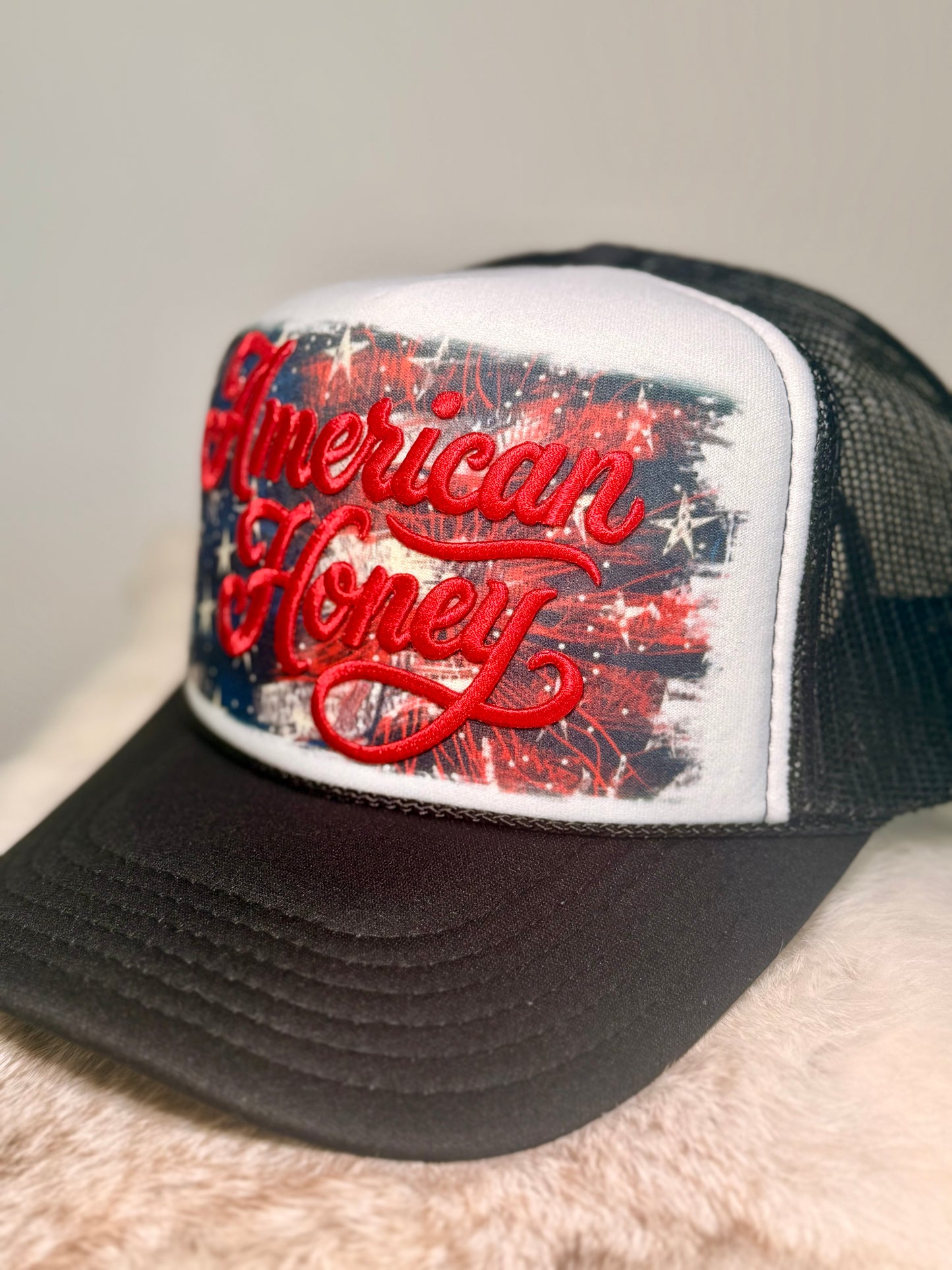American Honey Trucker Hat | Patriotic Women’s Hat | Embroidered USA Fourth of July Hat | Red White Blue Country Hat