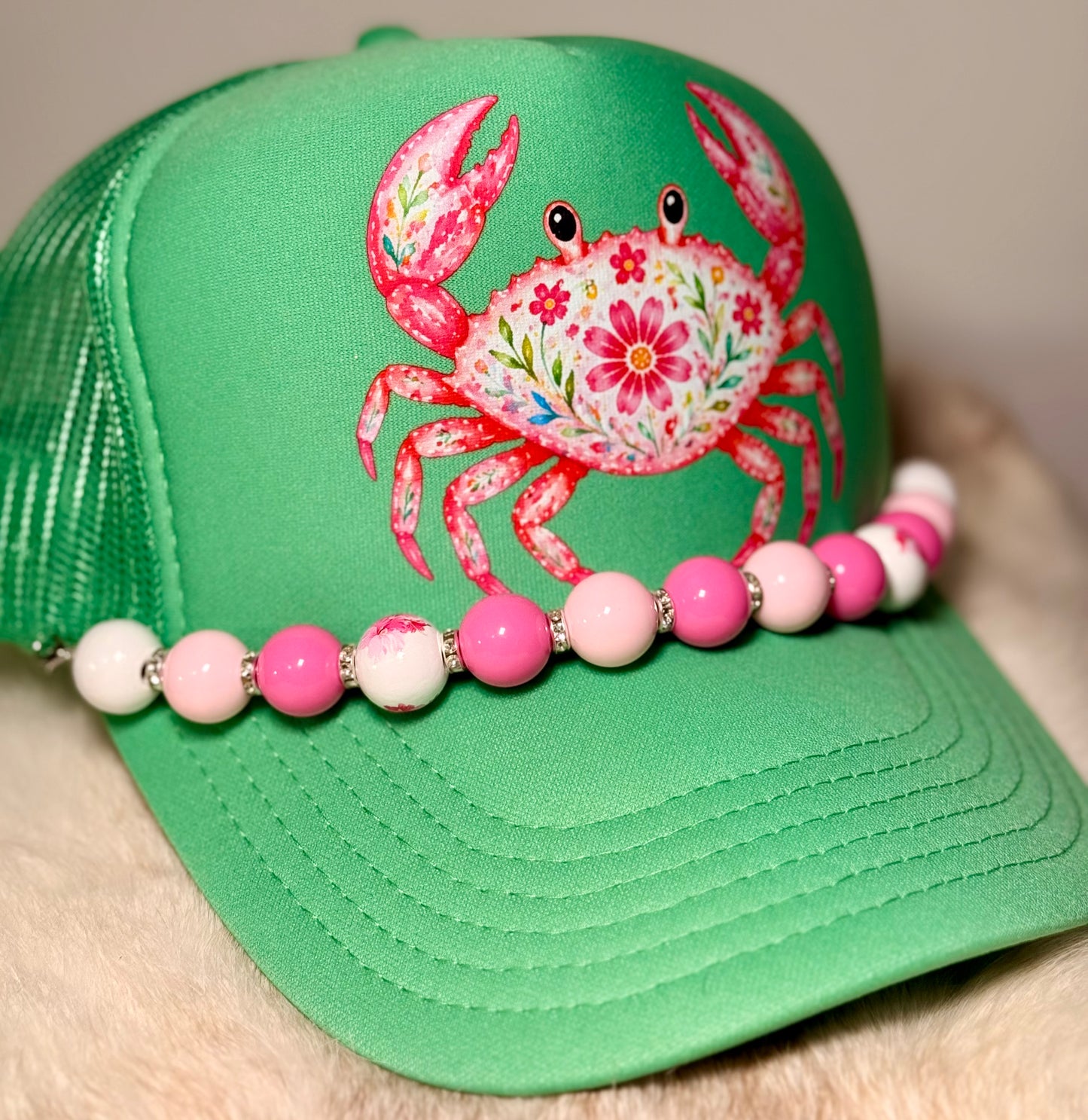 Floral Crab Trucker Hat | Coastal Boutique Beach Hat with Pink Beaded Brim | Cute Summer Coastal Snapback