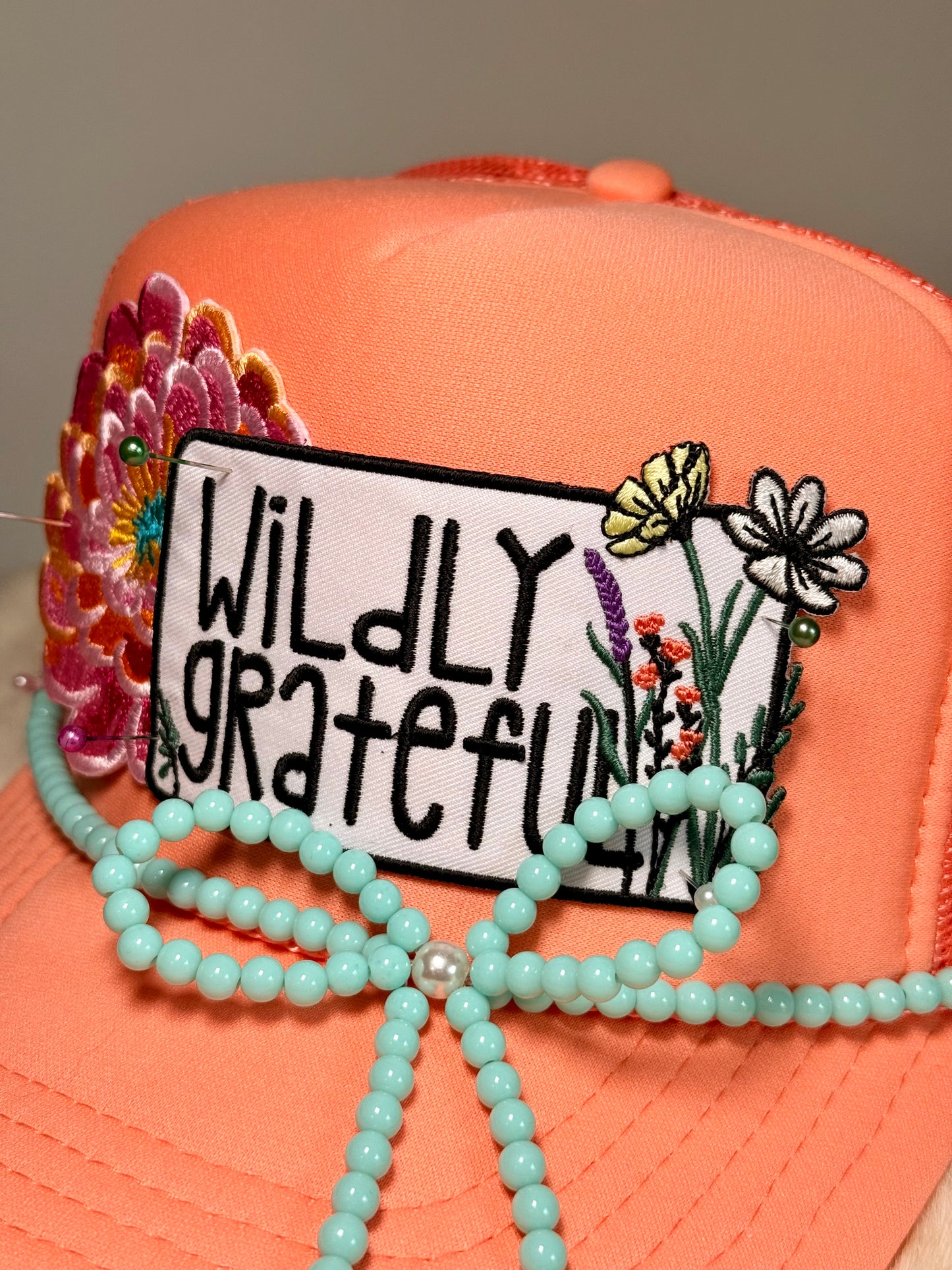Wildly Grateful Trucker Hat, Inspirational Hat, Faith Based Hat, Floral Patch Hat, Cute Boutique Hat, Positive Quote Hat, Christian Gift for Her