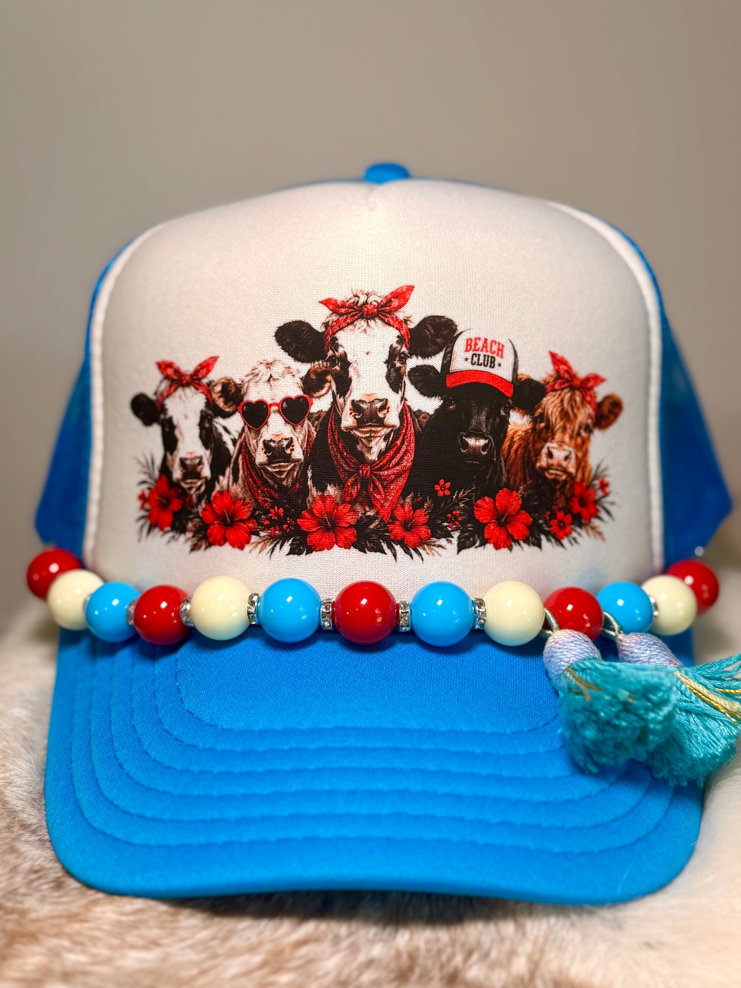 Patriotic Cow Trucker Hat | Americana Cow Hat | Red White & Blue Beaded Tassel Hat