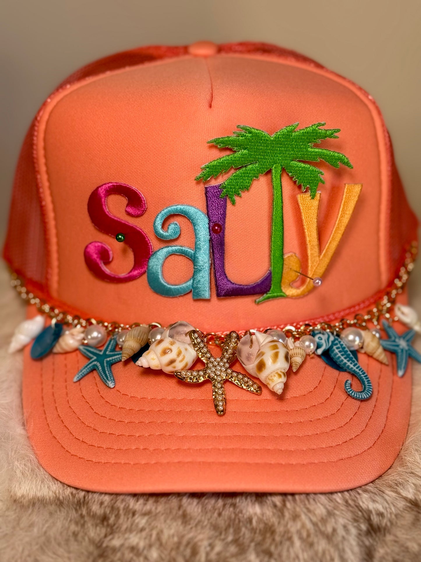 Salty Coastal Trucker Hat | Orange Beach Glam Hat | Shell Embellished Summer Snapback