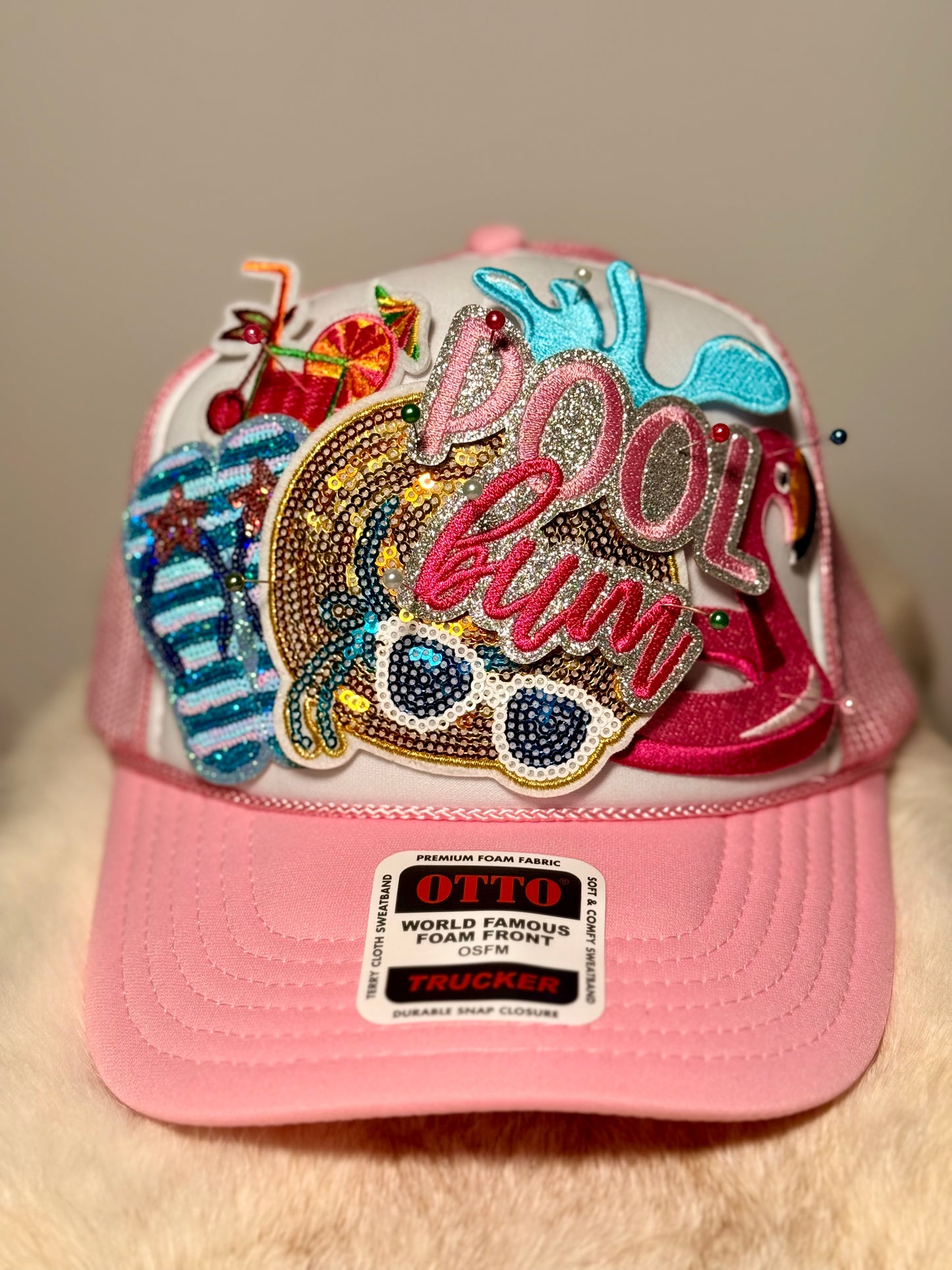 Pool Bum Glam Trucker Hat | Pink Flamingo Poolside Hat | Sparkly Summer Vacation Snapback