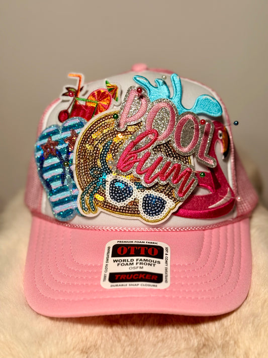 Pool Bum Glam Trucker Hat | Pink Flamingo Poolside Hat | Sparkly Summer Vacation Snapback