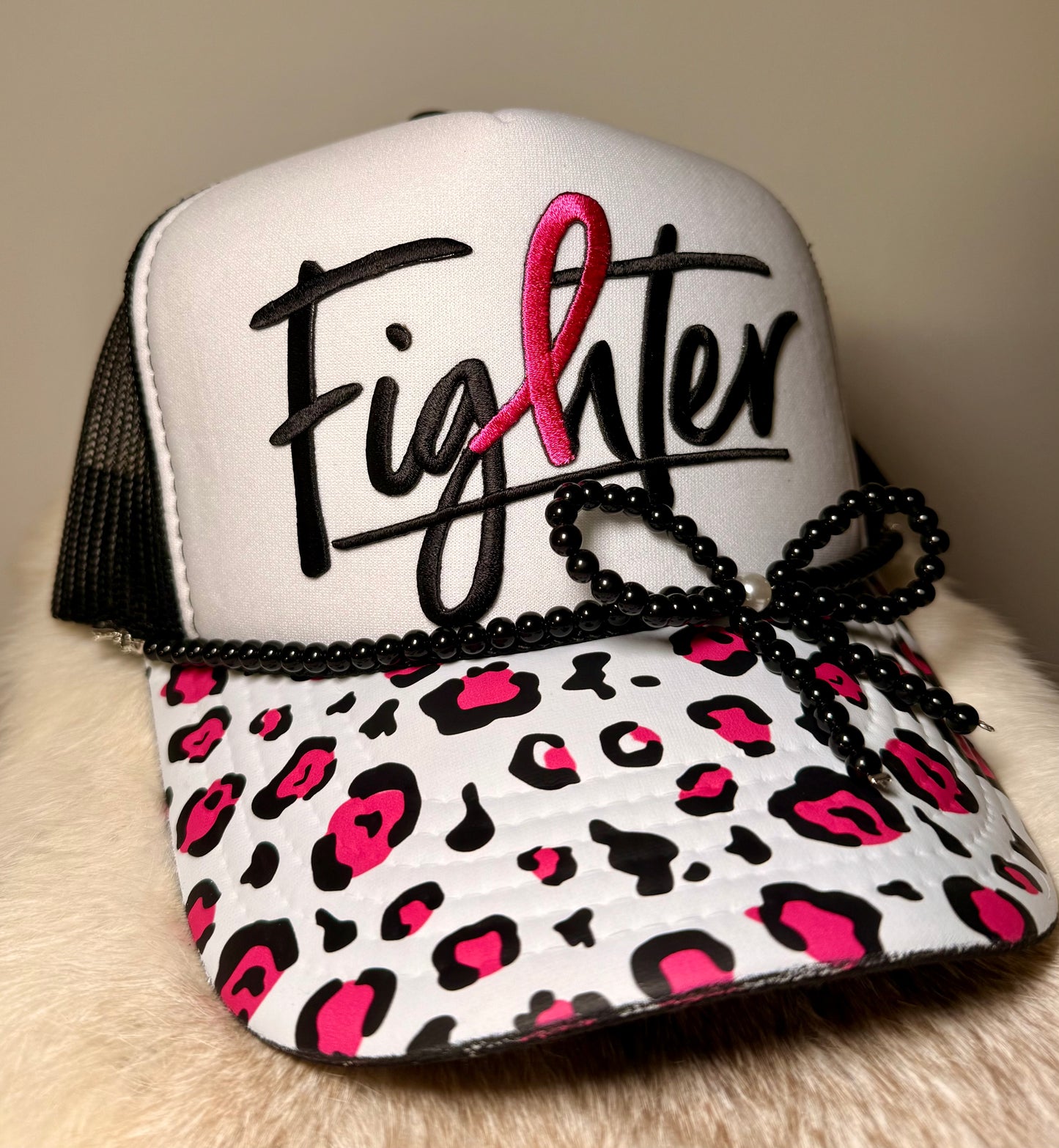 Breast Cancer Awareness Fighter Trucker Hat | Pink Ribbon Leopard Hat | Black & Pink Trucker Hat