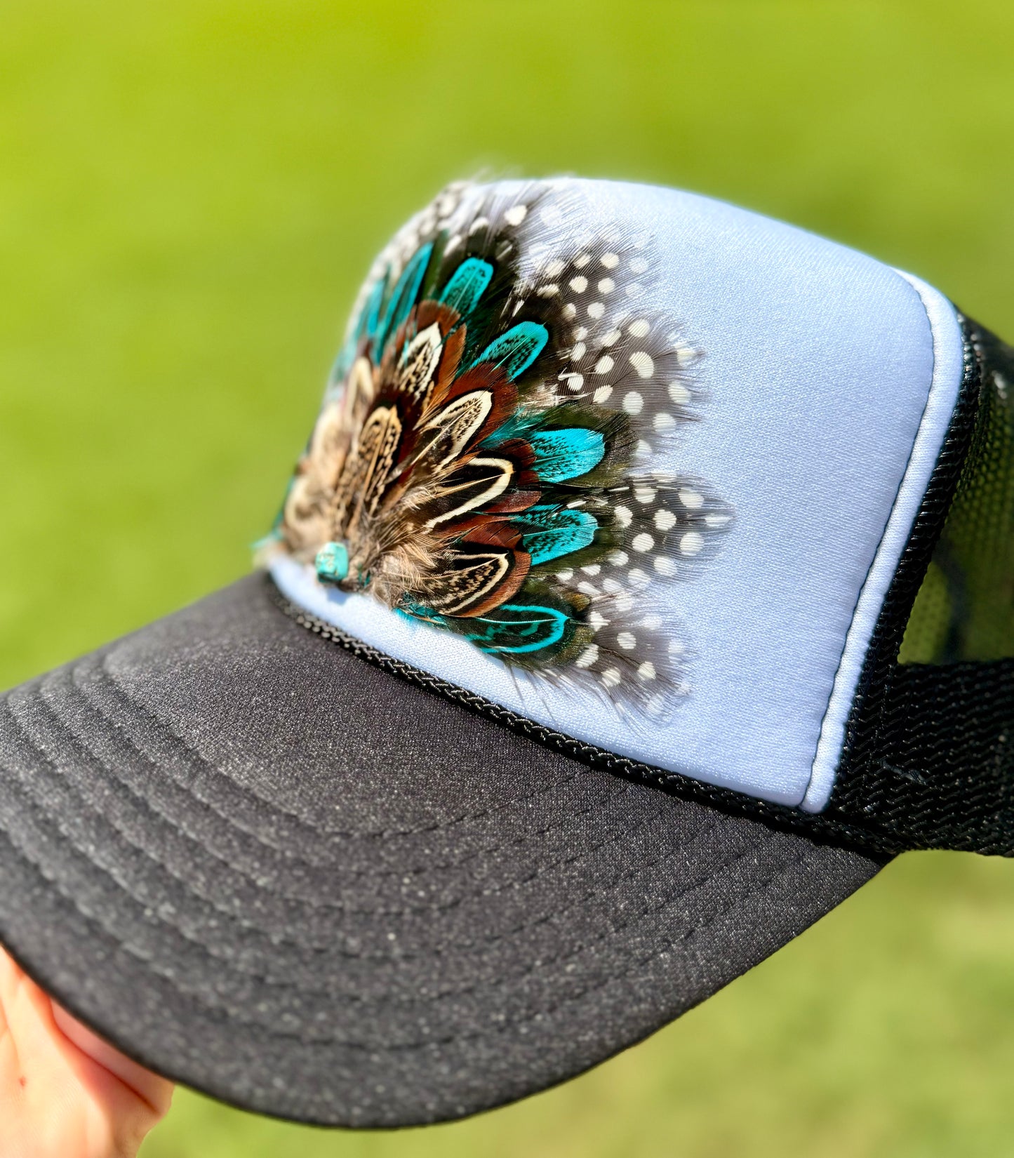 Turquoise Feather Trucker Hat | Western Feather Hat | Boho Cowgirl Hat | Statement Trucker Cap