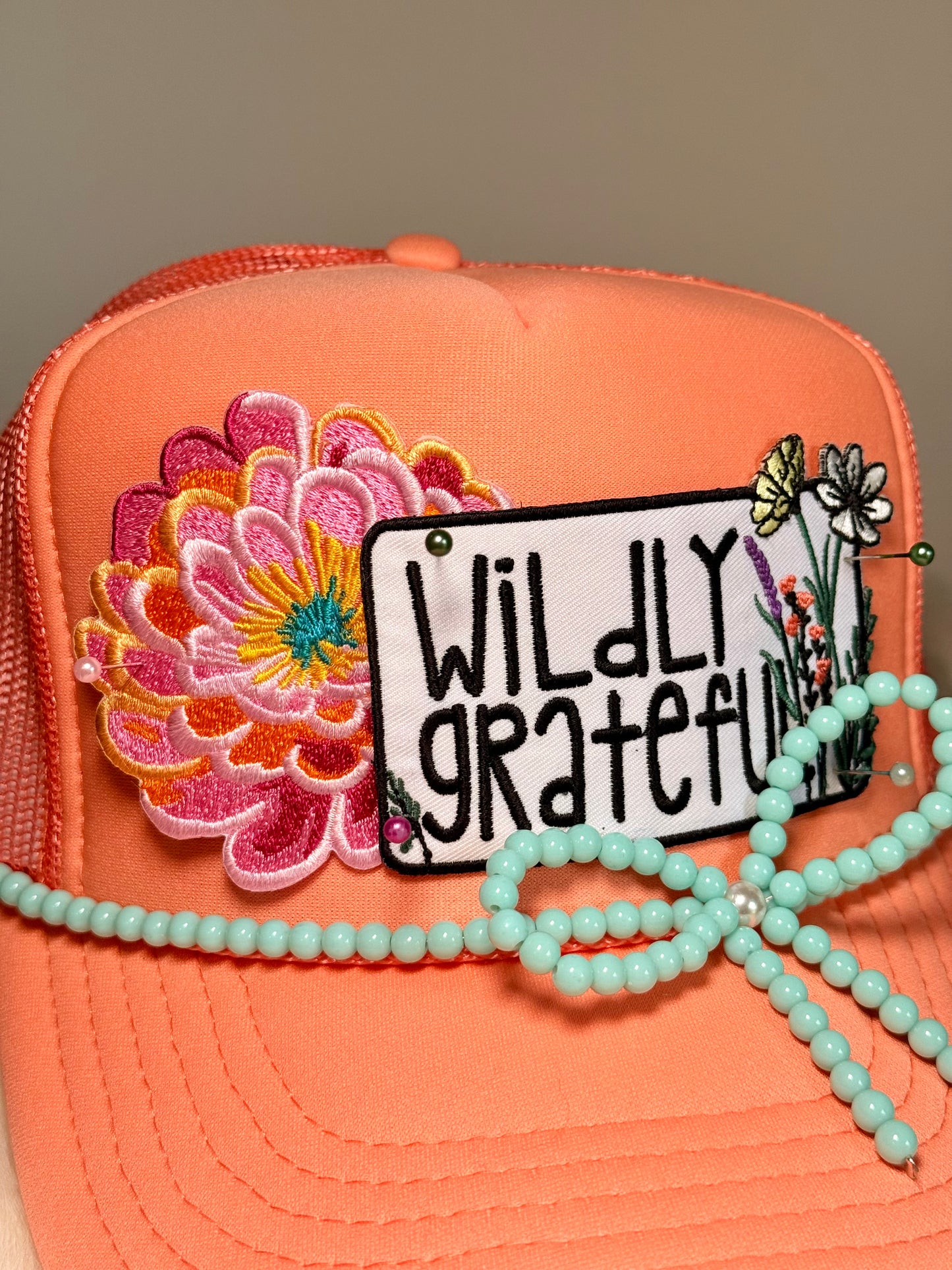 Wildly Grateful Trucker Hat, Inspirational Hat, Faith Based Hat, Floral Patch Hat, Cute Boutique Hat, Positive Quote Hat, Christian Gift for Her