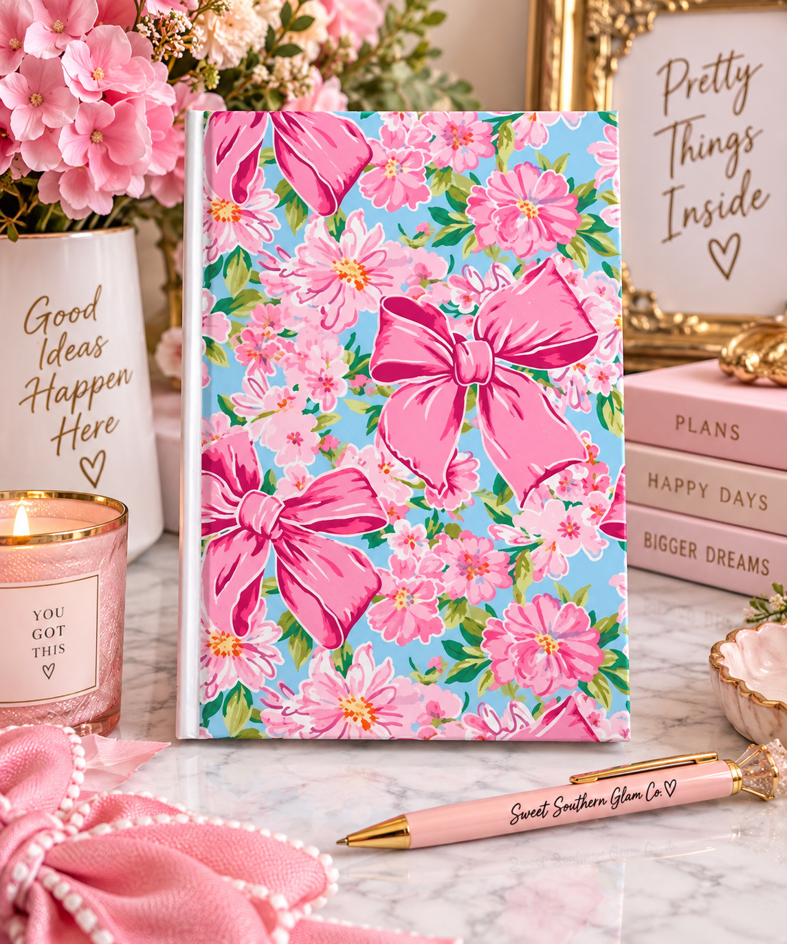 Pink Bow & Floral Hardcover Journal | Lined Notebook