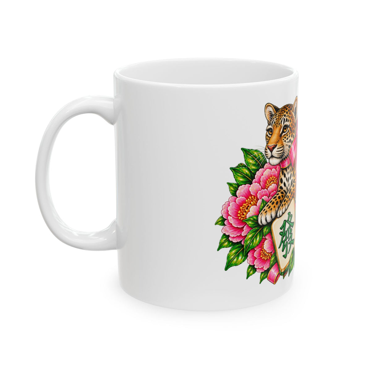 Pink Bow Leopard Mahjong Coffee Mug | Floral Mahjong Gift | 11oz