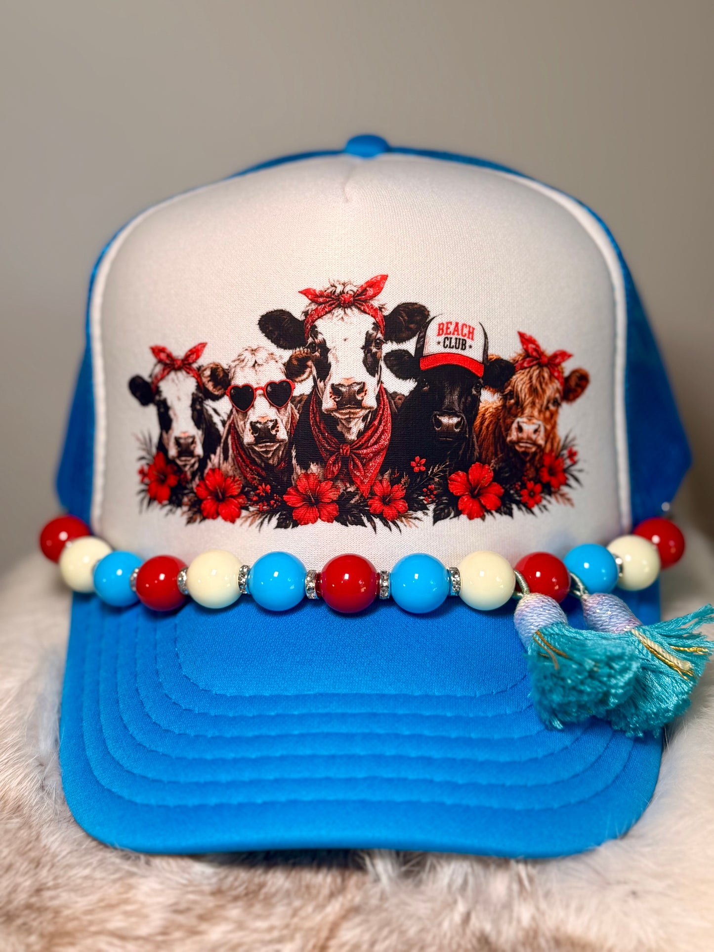 Patriotic Cow Trucker Hat | Americana Cow Hat | Red White & Blue Beaded Tassel Hat