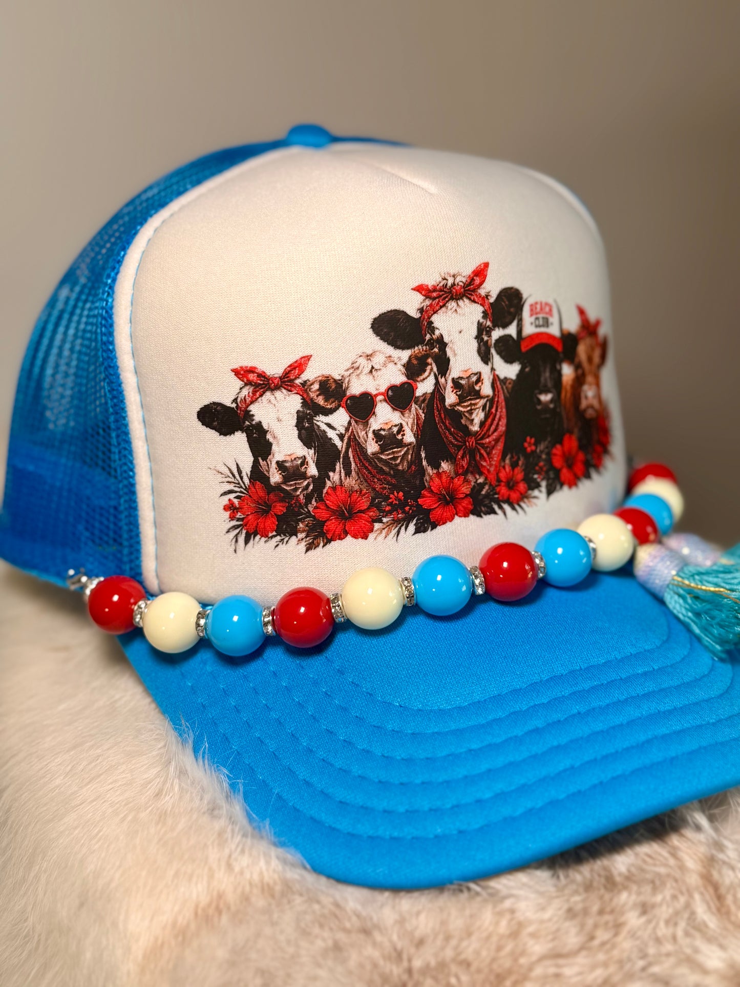 Patriotic Cow Trucker Hat | Americana Cow Hat | Red White & Blue Beaded Tassel Hat
