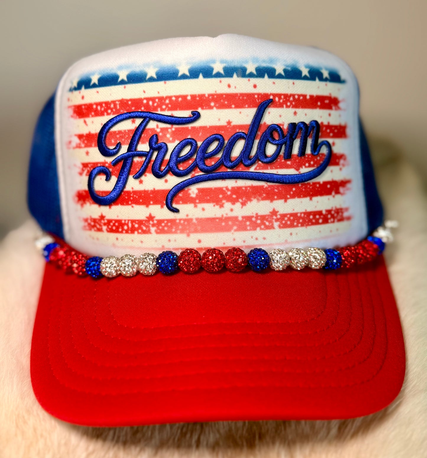 Freedom Patriotic Trucker Hat | Red White Blue Rhinestone Beaded Hat | American Boutique Snapback | Fourth of July Hat