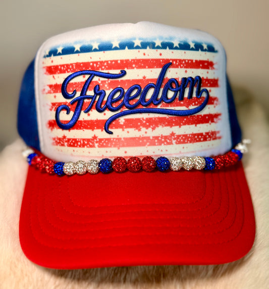 Freedom Patriotic Trucker Hat | Red White Blue Rhinestone Beaded Hat | American Boutique Snapback | Fourth of July Hat