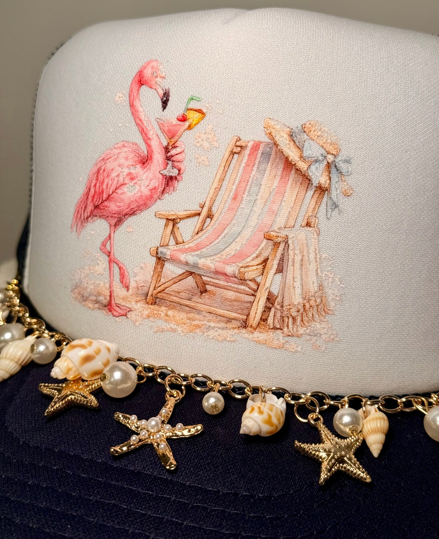 Custom Coastal Flamingo Trucker Hat | Boutique Beach Chair Hat with Shell Charm Chain | One-of-a-Kind Summer Snapback