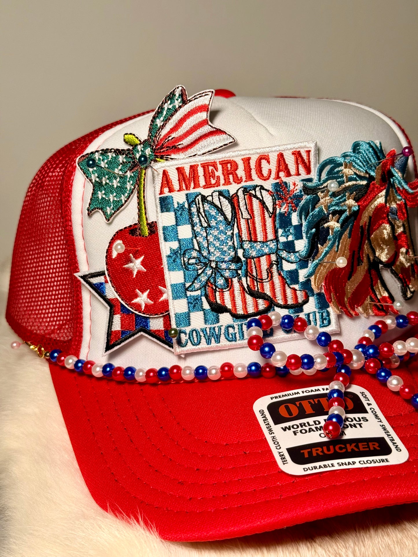 American Cowgirl Trucker Hat | Patriotic Western Hat | Red White Blue Rodeo Glam Snapback