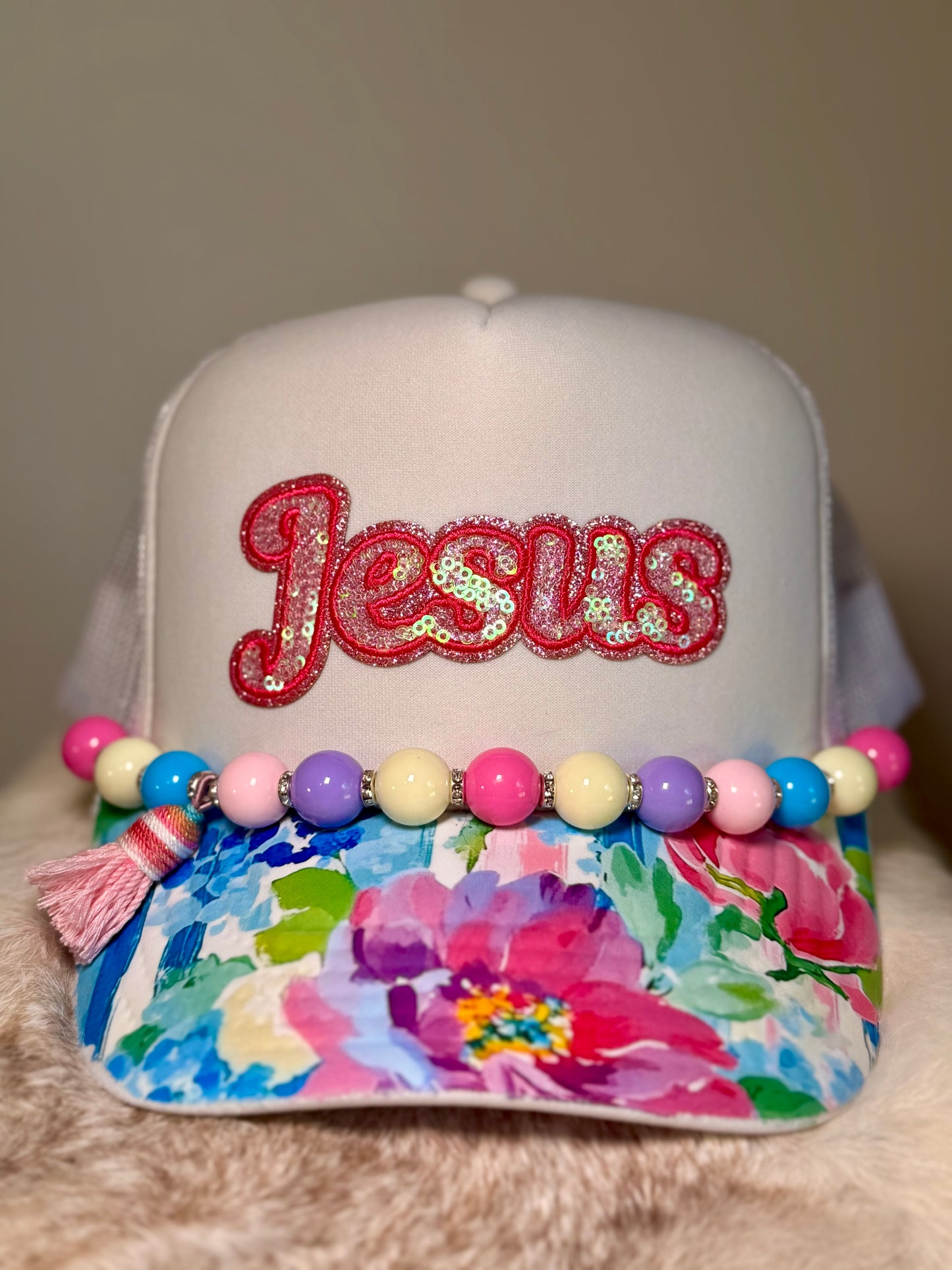 Jesus Floral Trucker Hat | Christian Boutique Hat | Pink Sequin Faith Hat with Beaded Tassel