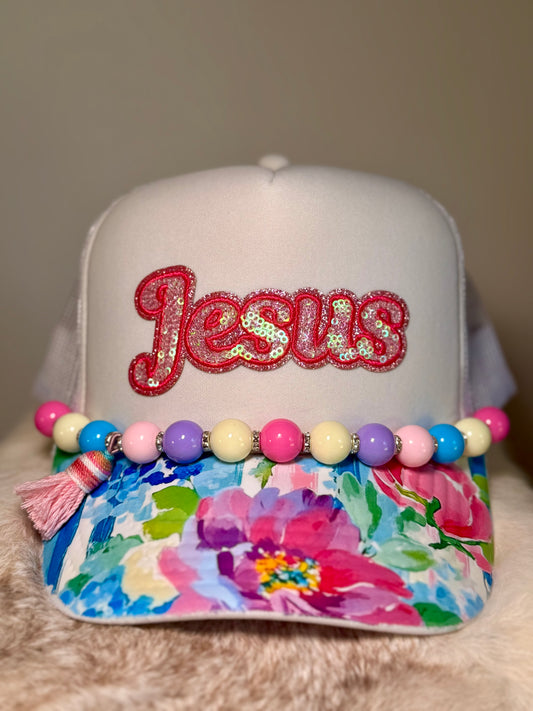 Jesus Floral Trucker Hat | Christian Boutique Hat | Pink Sequin Faith Hat with Beaded Tassel