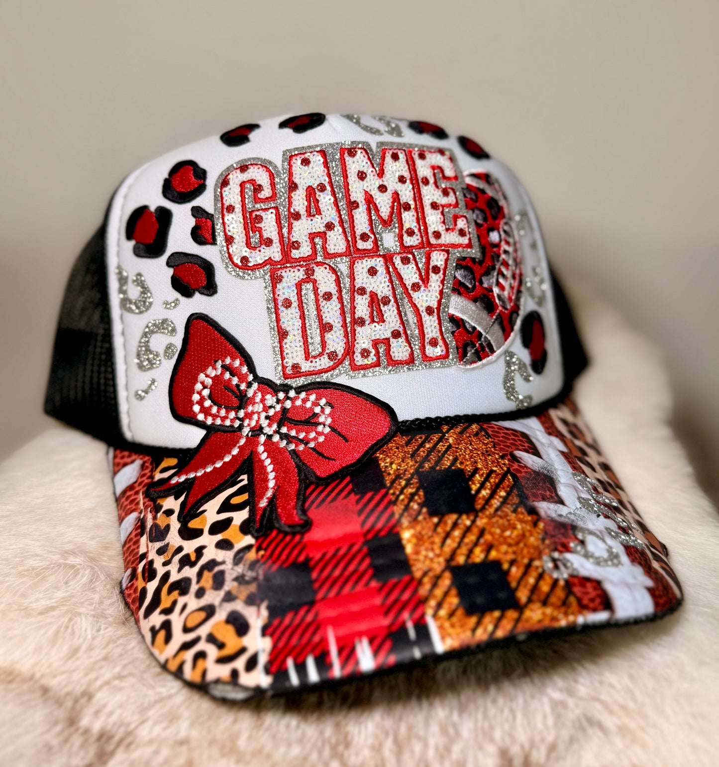Football Game Day Trucker Hat | Red & Black Bling Football Hat | Handmade Tailgate Hat | Game Day Fan Cap