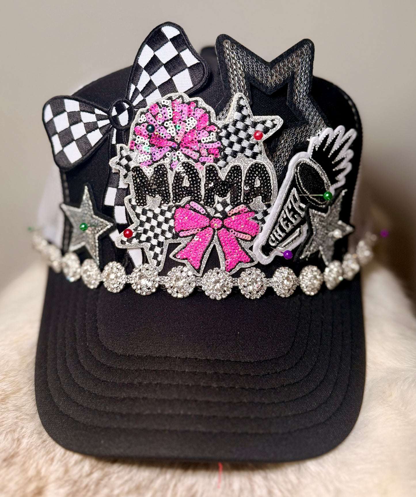 Mama Cheer Trucker Hat | Cheer Mom Game Day Hat | Black & Pink Sequin Cheer Hat | Competition Cheer Gift