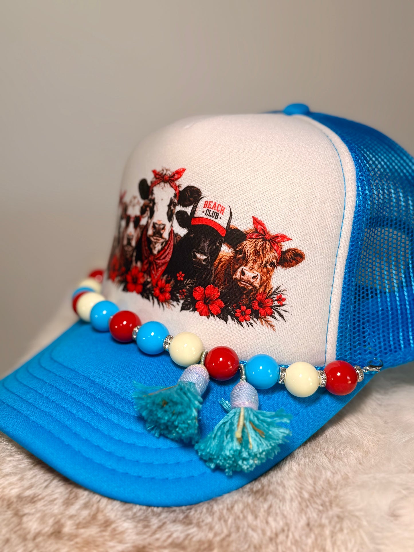 Patriotic Cow Trucker Hat | Americana Cow Hat | Red White & Blue Beaded Tassel Hat