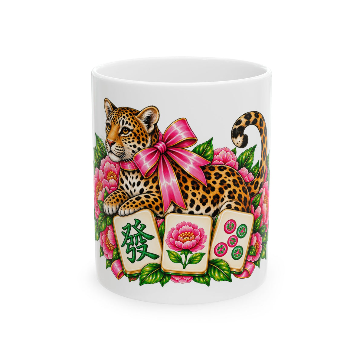 Pink Bow Leopard Mahjong Coffee Mug | Floral Mahjong Gift | 11oz