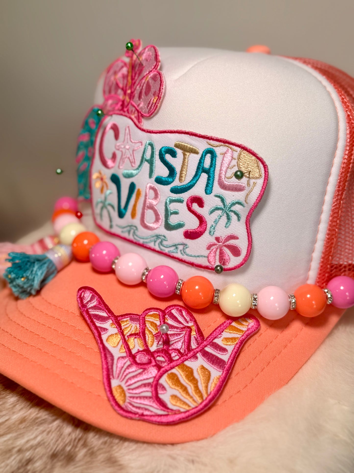 Coastal Vibes Trucker Hat | Beach Vacation Hat | Tropical Boutique Hat with Beaded Tassels