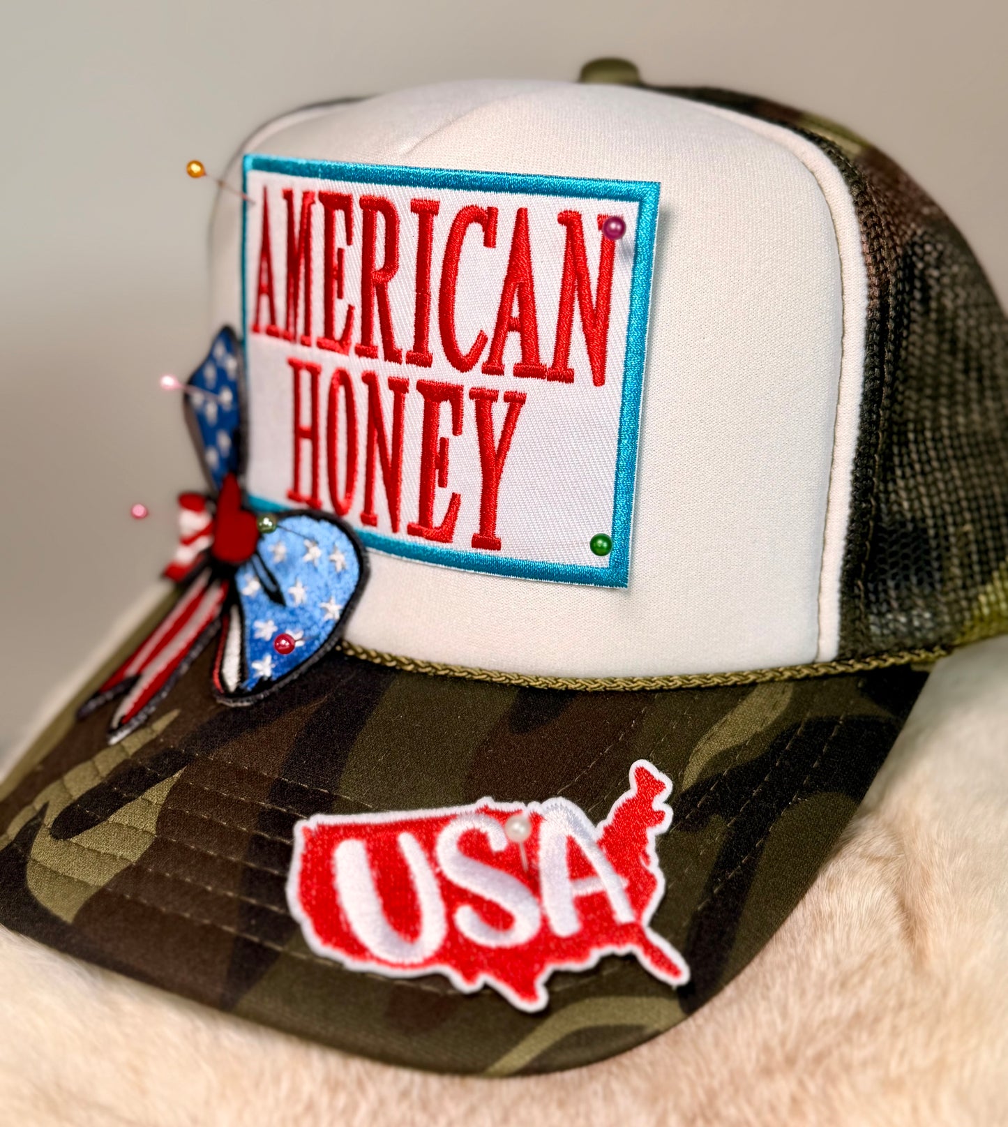 American Honey Patriotic Trucker Hat | USA Bow Hat | Camo Brim Fourth of July Boutique Hat | Red White Blue Snapback