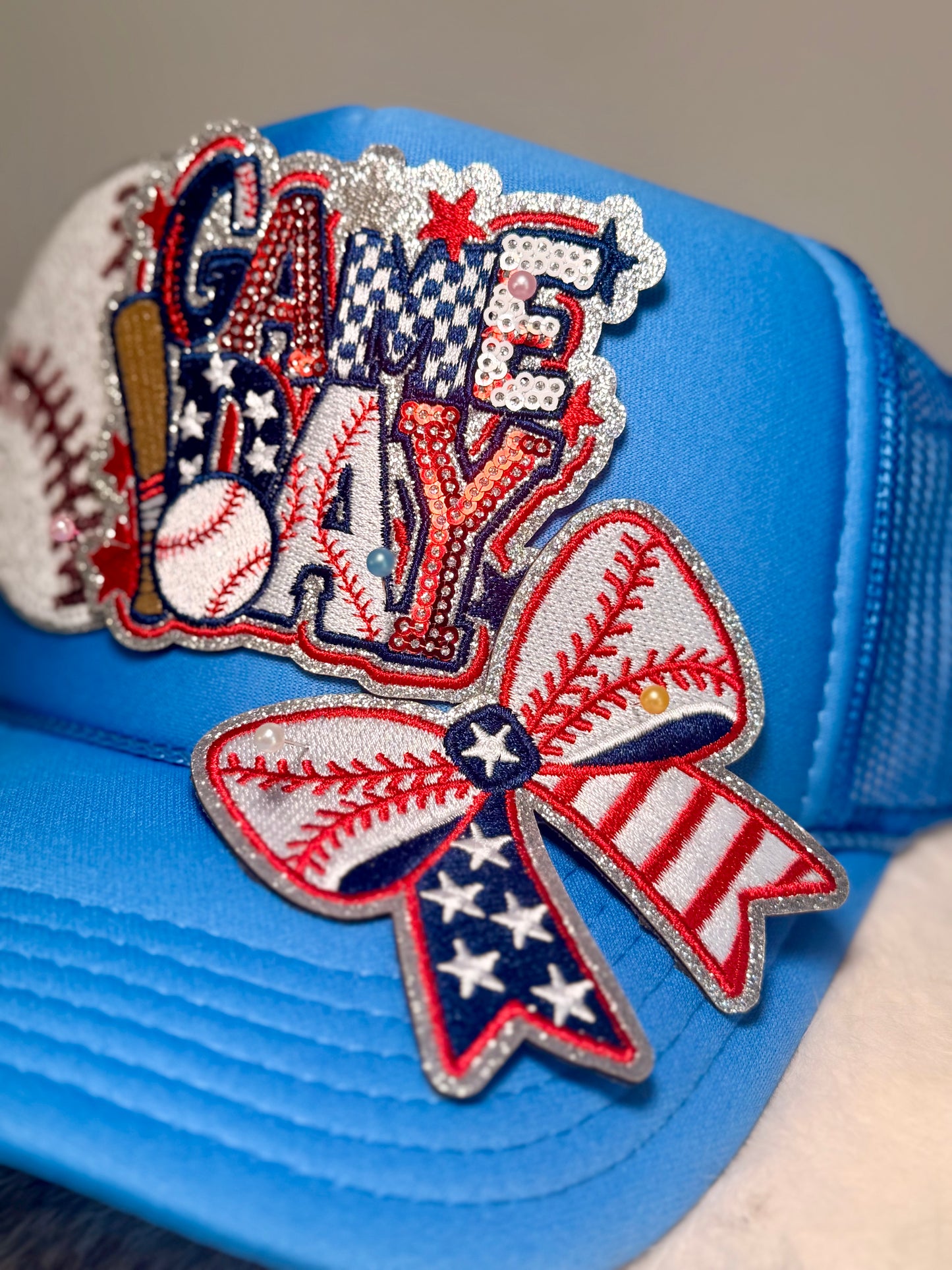 Game Day Baseball Trucker Hat | Patriotic Baseball Bow Hat | Red White Blue Sequin Baseball Hat | Sports Mom Hat