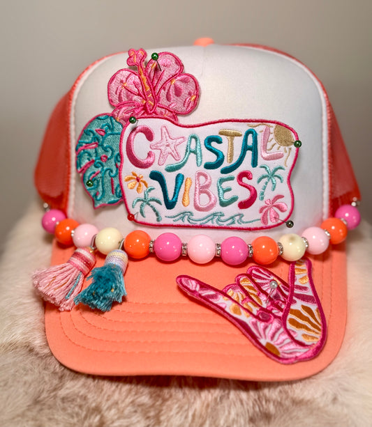 Coastal Vibes Trucker Hat | Beach Vacation Hat | Tropical Boutique Hat with Beaded Tassels
