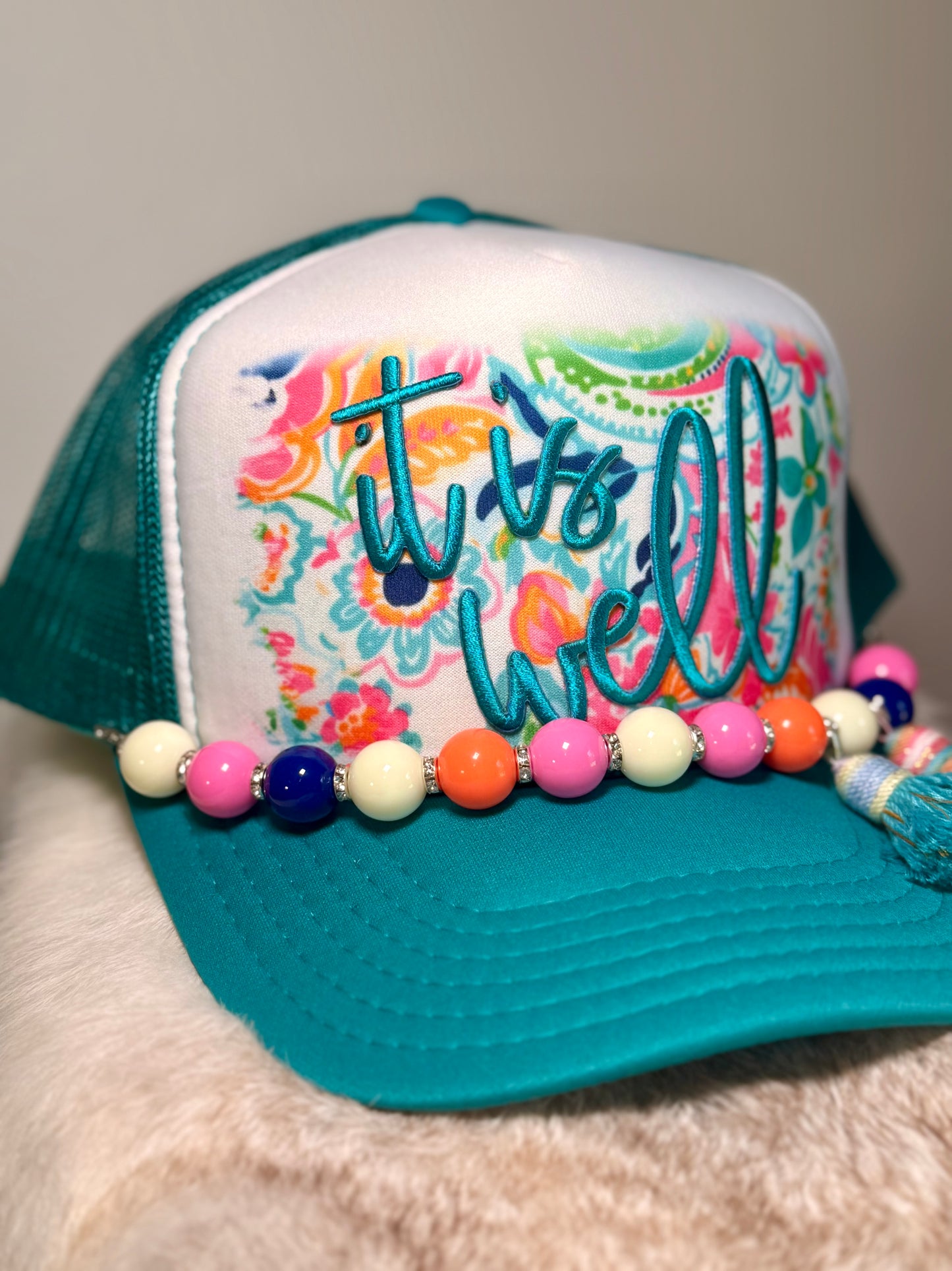 It Is Well Floral Trucker Hat | Christian Boutique Hat | Colorful Faith Hat with Beaded Tassels