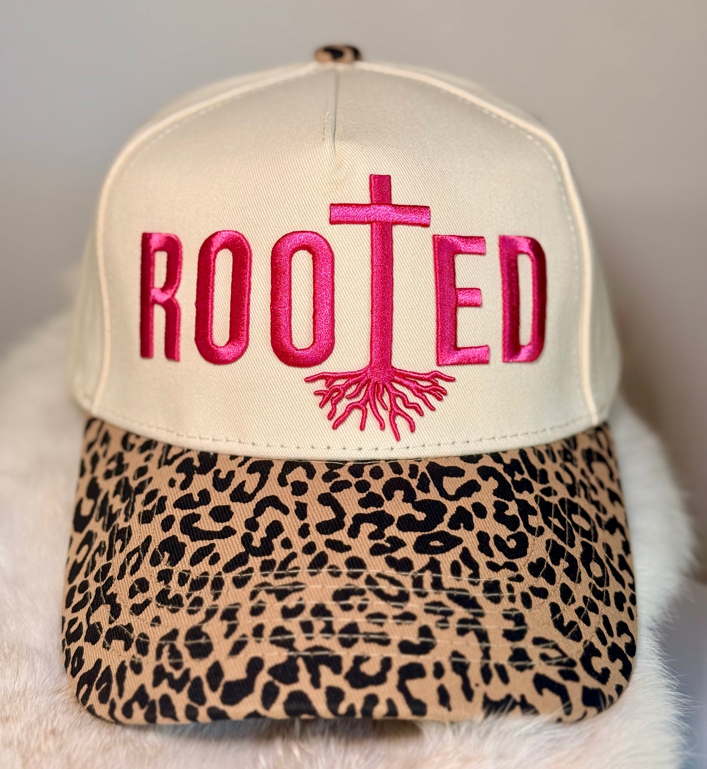 Rooted Leopard Trucker Hat | Faith Based Christian Hat | Pink Embroidered Boutique Snapback