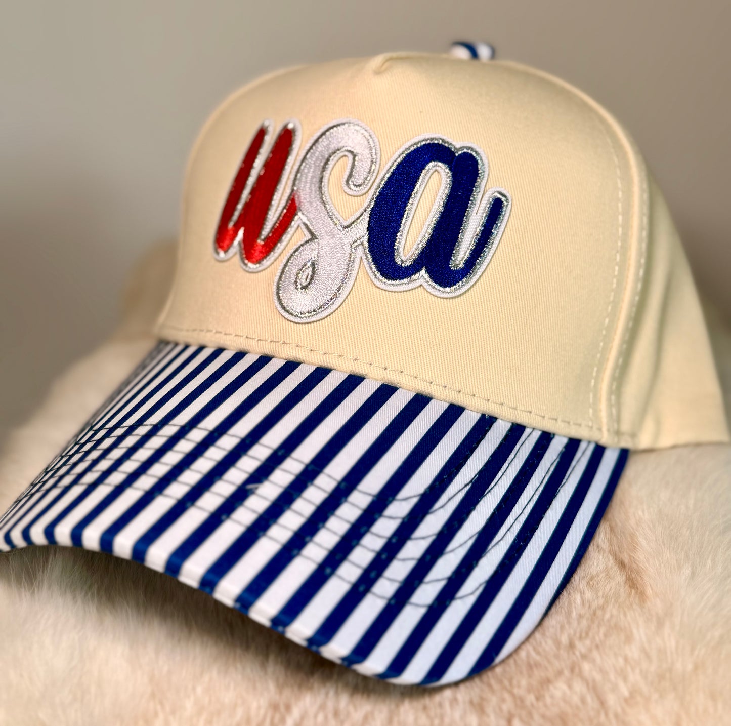 USA Trucker Hat | Patriotic Red White Blue Boutique Hat | American Stripe Brim | Fourth of July Hat