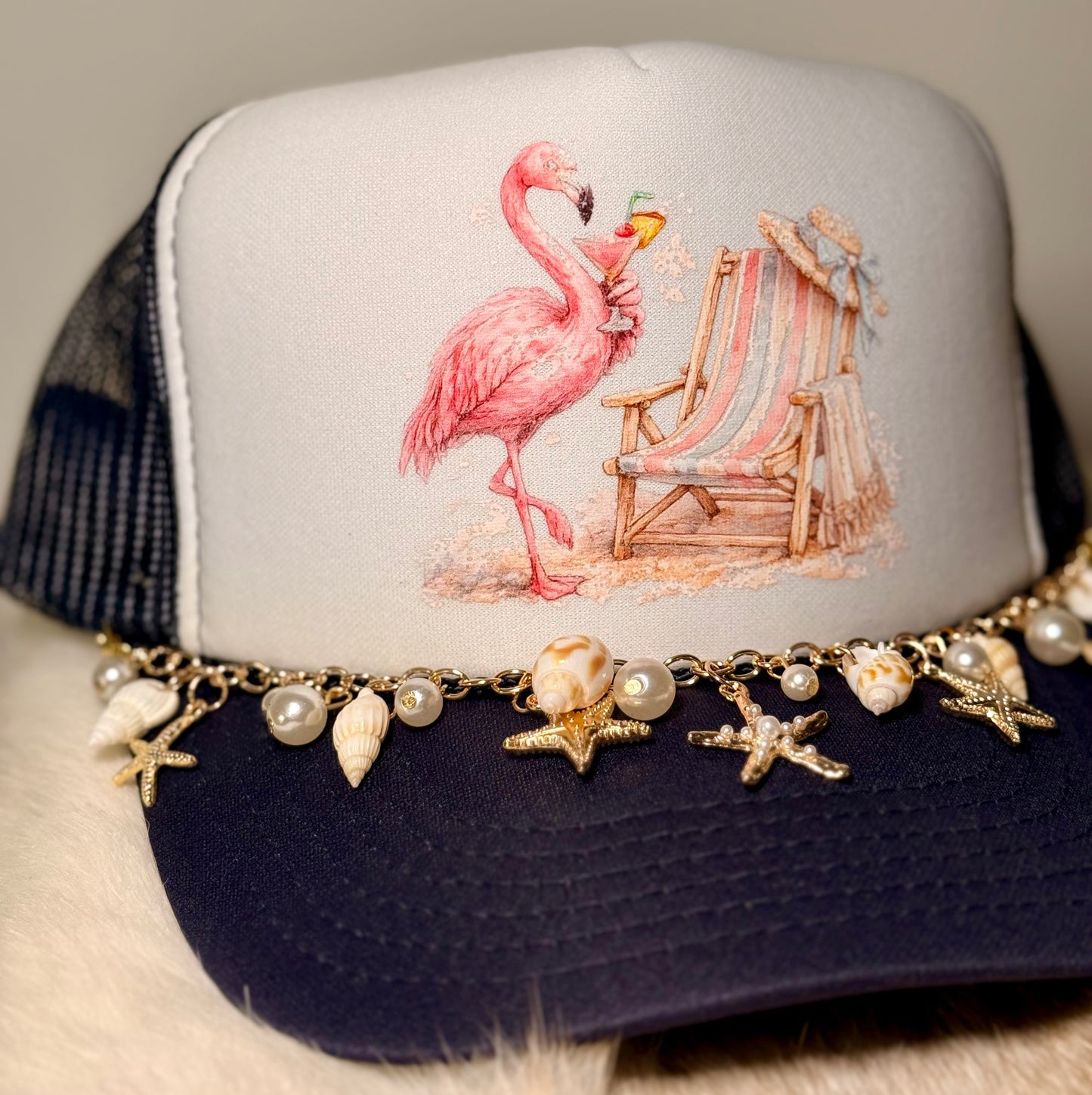 Custom Coastal Flamingo Trucker Hat | Boutique Beach Chair Hat with Shell Charm Chain | One-of-a-Kind Summer Snapback