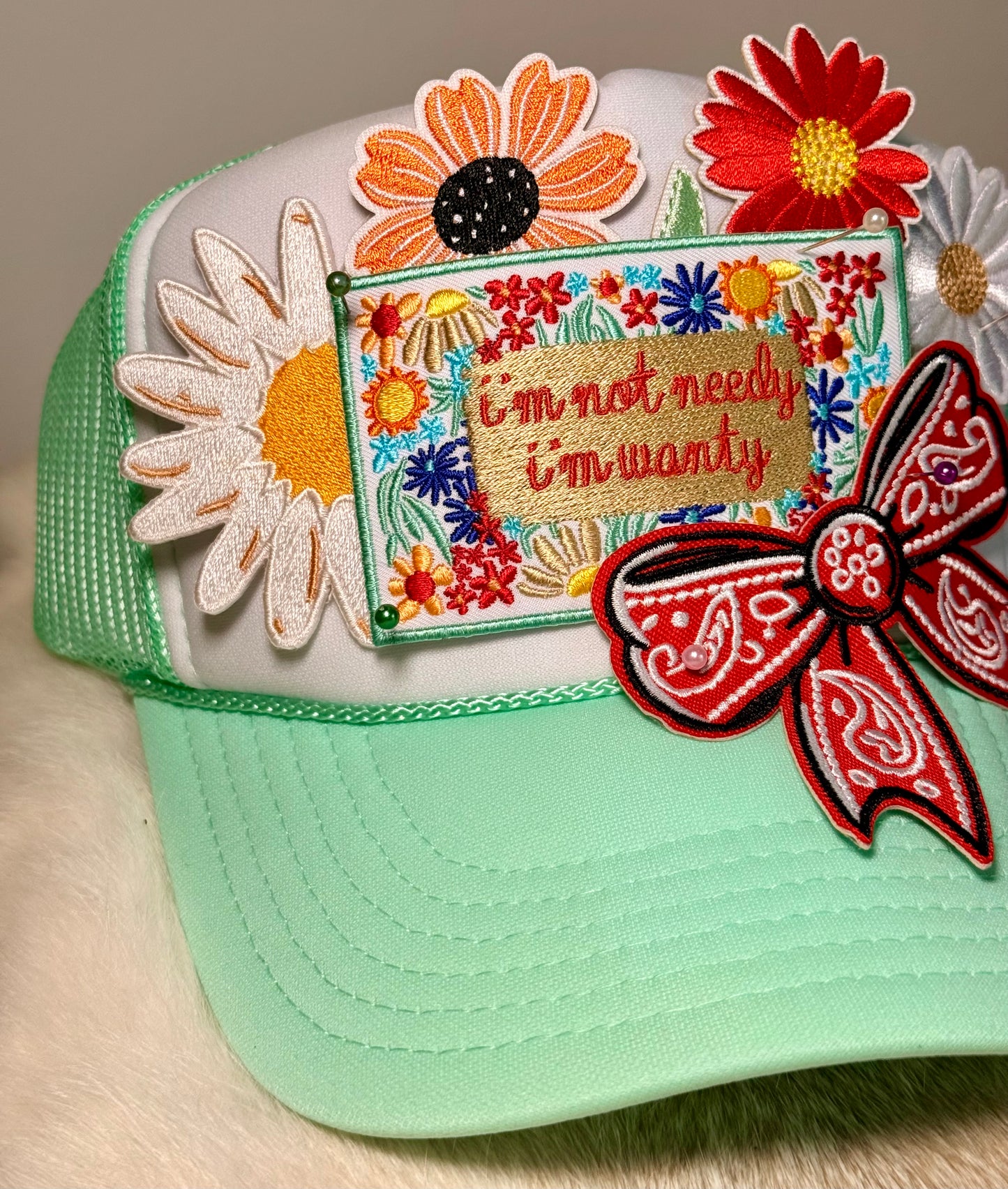 I’m Not Needy I’m Wanty Trucker Hat | Floral Cowgirl Hat with Red Bandana Bow | Funny Boutique Hat