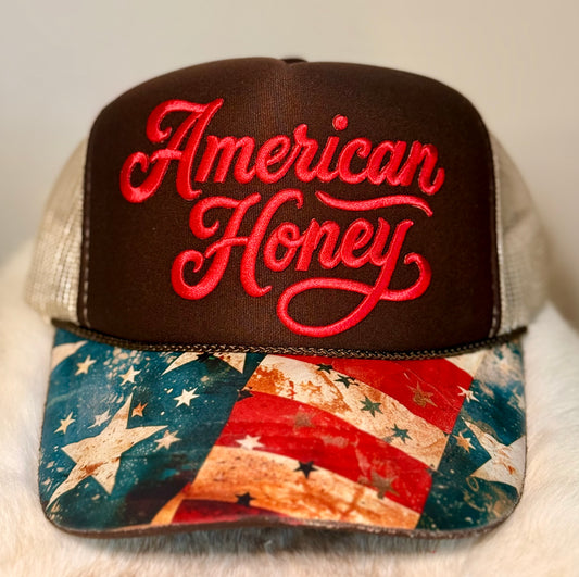 American Honey Patriotic Trucker Hat | USA Flag Brim Country Hat | Western American Snapback