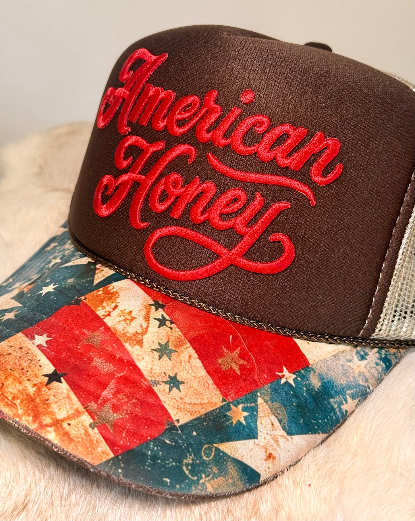 American Honey Patriotic Trucker Hat | USA Flag Brim Country Hat | Western American Snapback