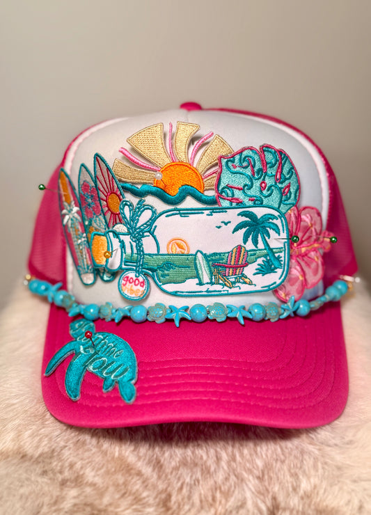 Beach Life Trucker Hat | Tropical Vacation Hat | Handmade Coastal Boutique Hat with Turquoise Beaded Trim