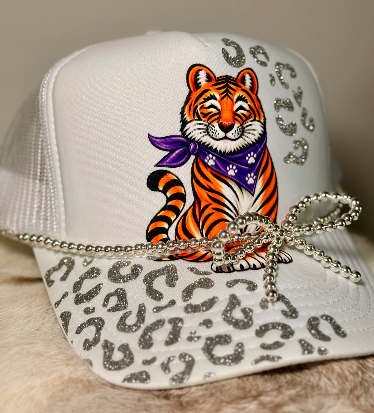 Tiger Trucker Hat | Purple Orange Tiger Hat | Silver Leopard Trucker Hat | Game Day Tiger Hat