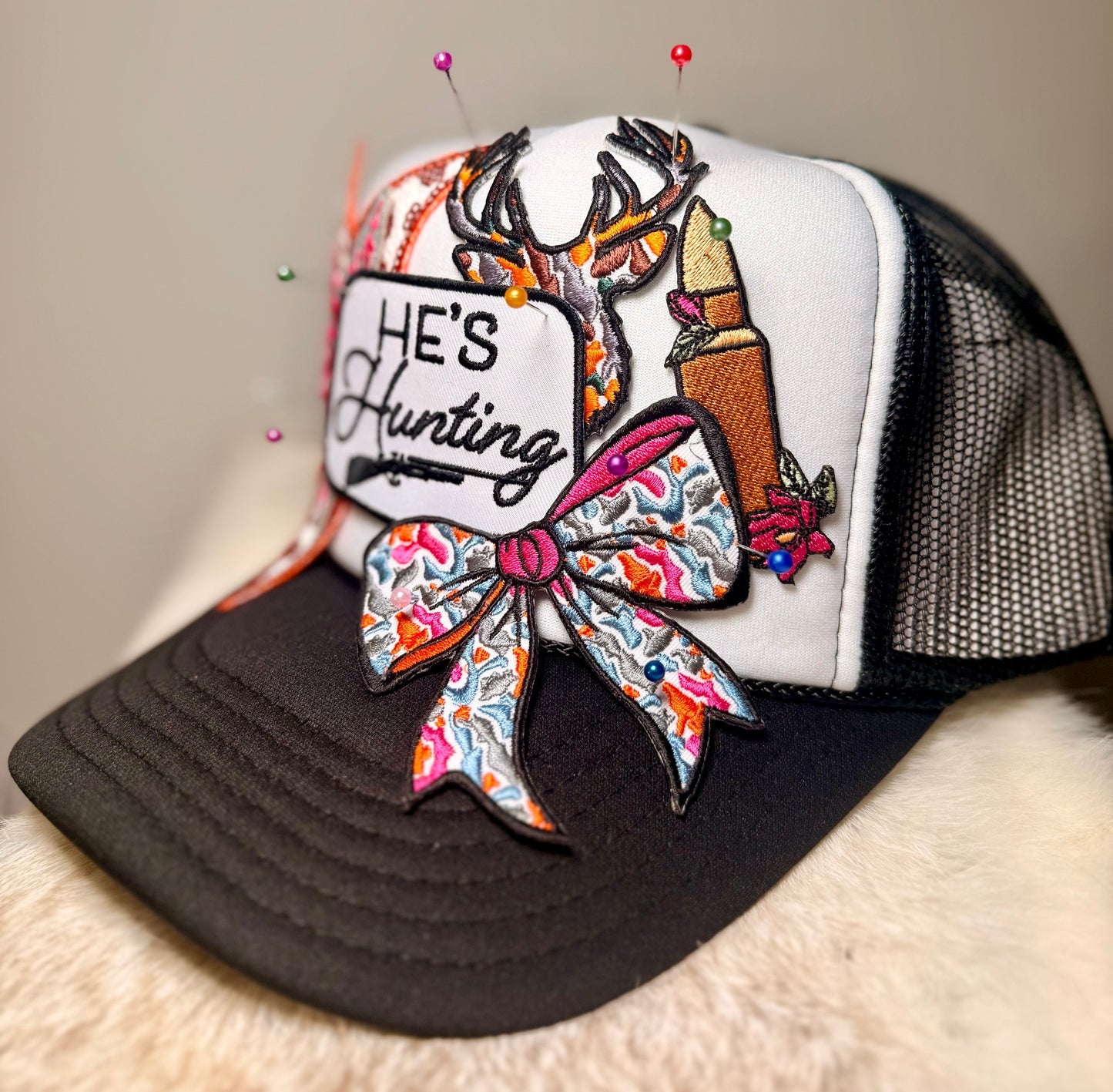 He’s Hunting Trucker Hat | Hunting Wife Hat | Deer Hunting Hat | Camo Bow Trucker Hat | Hunter’s Girlfriend Gift