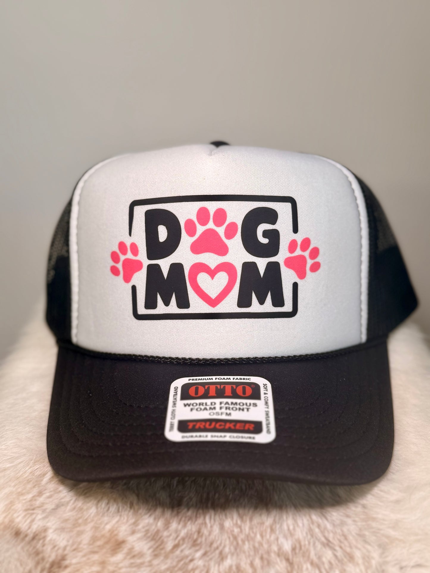 Dog Mom Trucker Hat | Pink Paw Print Dog Lover Hat | Cute Dog Mom Snapback Cap