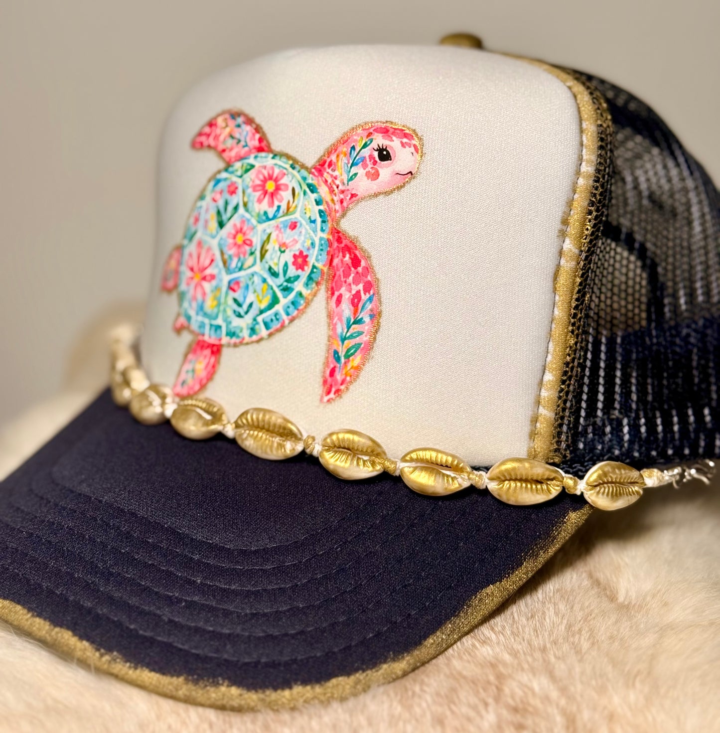 Gold Painted Coastal Sea Turtle Trucker Hat | Floral Turtle Beach Hat | Boutique Shell Trim Snapback