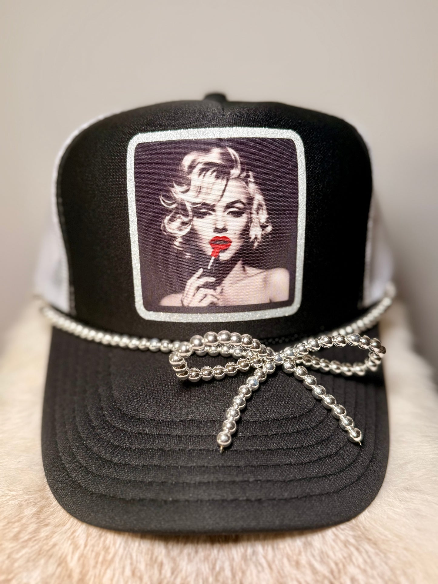 Vintage Glam Trucker Hat | Blonde Bombshell Lipstick Hat | Black & White Glam Hat | Silver Beaded Bow Trucker