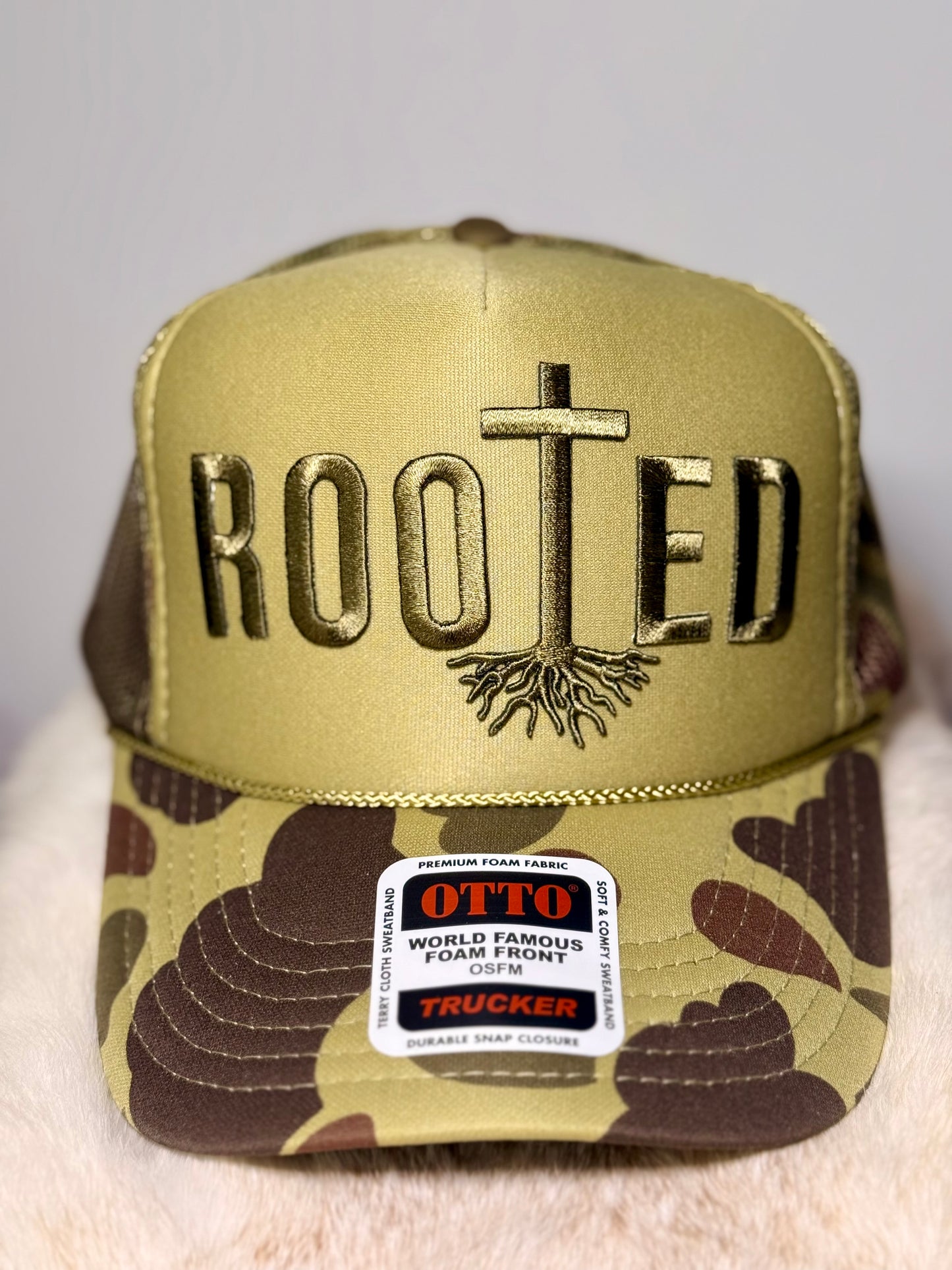 Rooted Trucker Hat – Faith Based Hat, Christian Hat, Camo Brim Hat, Religious Trucker Hat