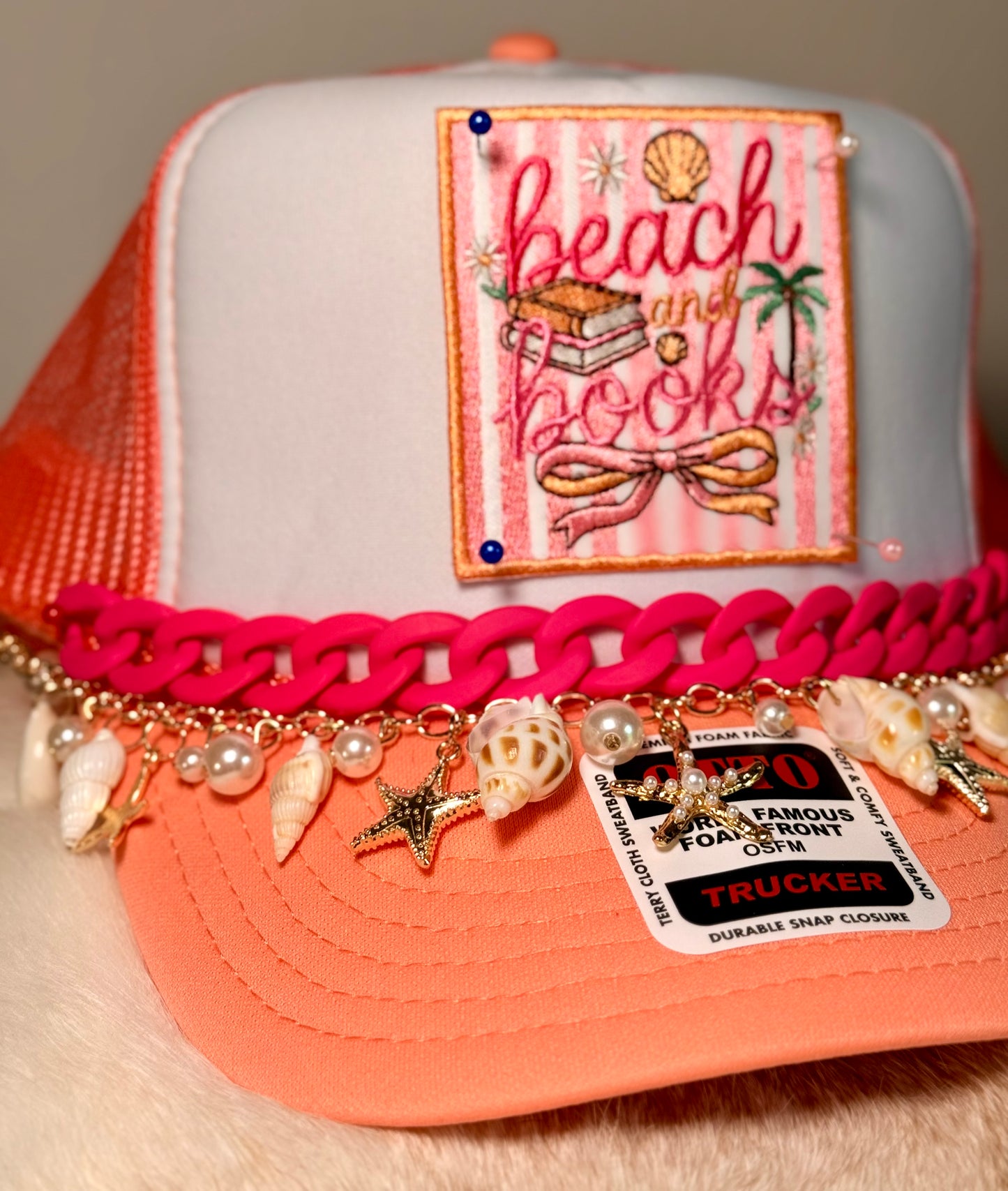 Beach and Books Trucker Hat | Coastal Reader Beach Hat | Pink & Coral Summer Foam Trucker Cap